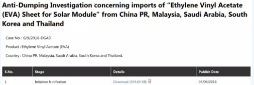 印度對進口中國、馬來西亞、沙特阿拉伯、韓國和泰國EVA材料發(fā)起反傾銷調(diào)查