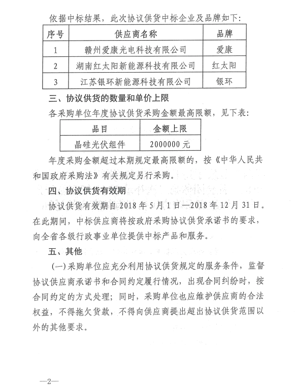 愛康、紅太陽、銀環(huán)中標江西第二次補錄2018晶硅組件協(xié)議供貨